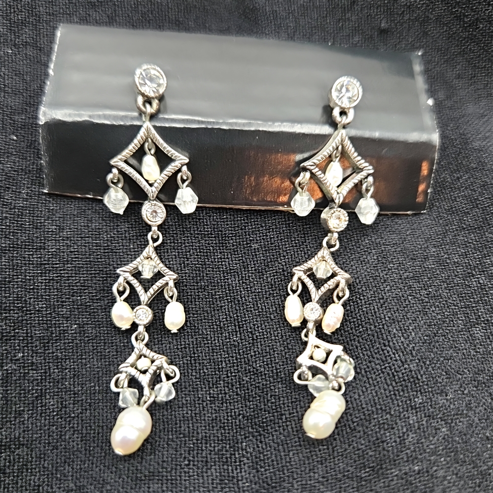 Silvertone Chandelier Earrings With Faux Pearl, Diamond And Bead Accents Chic